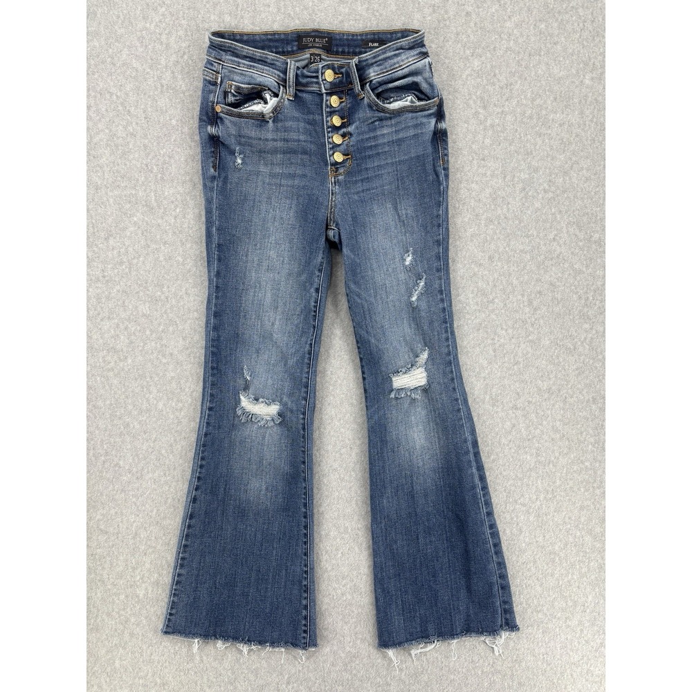 Judy‎ Blue Flare Jeans Women's Size 3/26 High Rise Button Fly Distressed